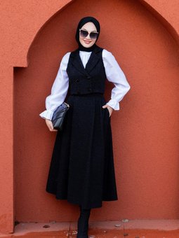 Kruvaze Yelekli Tüvit Etekli Takım Siyah