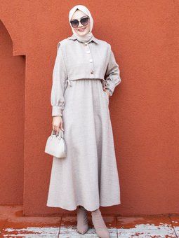 Üst Cepkenli Tüvit Ekoseli Elbise Bej