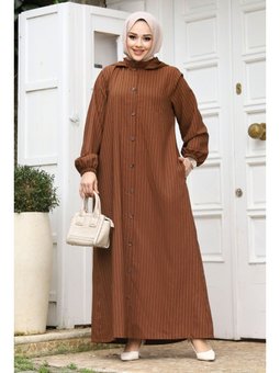 Büyük Beden Çıkarılabilir Kapüşonlu Boydan Düğmeli Ferace Kahverengi Kap