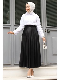 Deri Görünümlü Beli Lastikli Pileli Siyah Etek