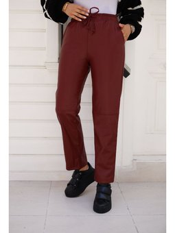 Dizi Dikişli Beli Bağcıklı Ve Lastikli Deri Bordo Pantolon