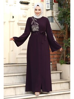 Papatya Desenli Boncuk İşlemeli Ferace