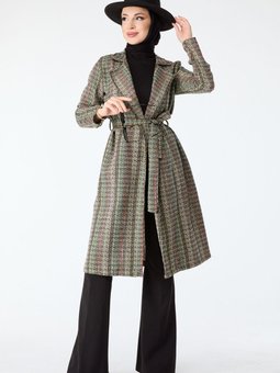 Düz Ceket Yaka Kırmızı Beli Bağcıklı Kaban 13000