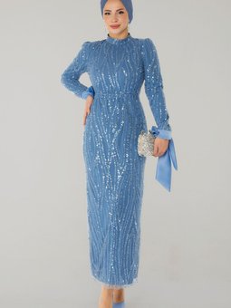 Düz Hakim Yaka İndigo Taşlı Abiye Elbise 26534