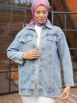 Düz Orta Acik Mavi Taşlı Kot Ceket 26616