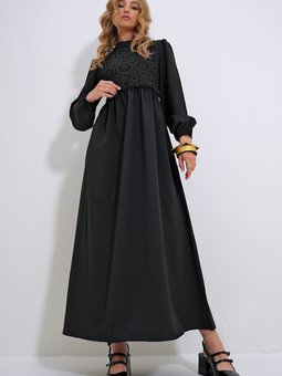 Siyah Dik Yaka Önü Kroşata Örgülü Sırtı Fermuarlı Dokuma Elbise Alc X12025