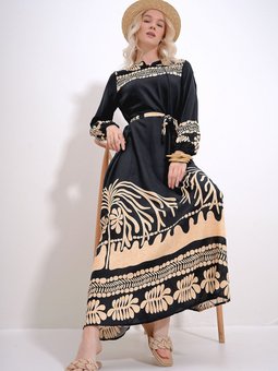 Siyah Yırtmaç Yakalı Beli Kuşaklı Desenli Dokuma Viskon Elbise Alc X12032