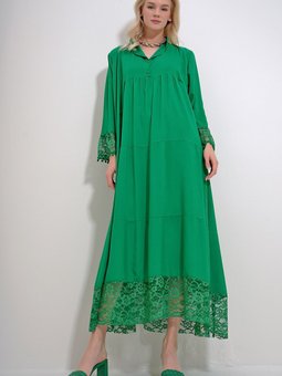 Yeşil Hakim Yaka Robası Düğmeli Dantel Detaylı Maxiboy Elbise Alc X12005