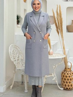 Kadın Gri Kruvaze Yaka Uzun Yelek T 6987