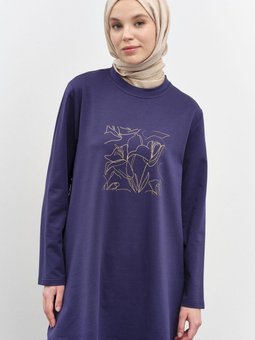 Baskı Desenli Örme Sweat Lacivert