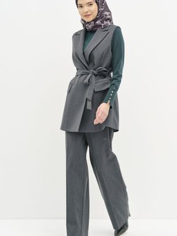 Beli Kuşaklı Yırtmaçlı Yelek Füme