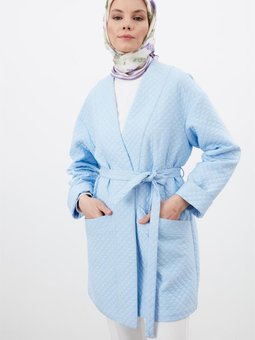 Çift Cepli Kuşaklı Ceket Açık Mavi