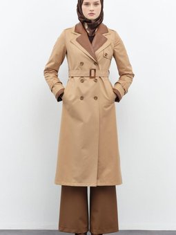 Deri Garnili Çift Yakalı Trençkot Camel