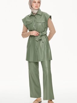 Kesik Detaylı Bol Paça Suni Deri Pantolon Çağla