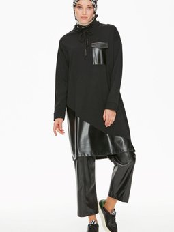 Kesikli Bol Paça Suni Deri Pantolon Siyah