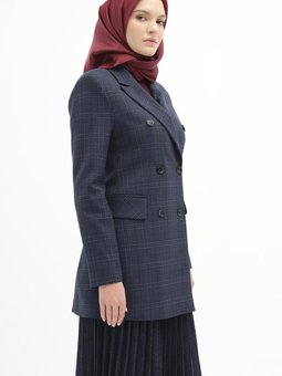 Kruvaze Düğmeli Ekose Ceket Lacivert