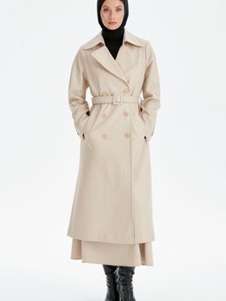 Kruvaze Düğmeli Suni Deri Trenç Taş