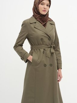 Kruvaze Yaka Düğme Detaylı Trenç Haki