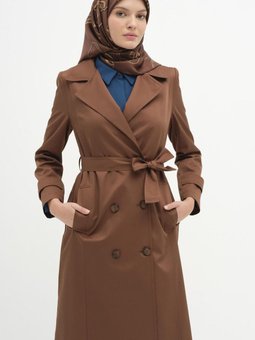 Kruvaze Yaka Düğme Detaylı Trenç Kahve