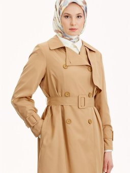 Kruvaze Yaka Piliseli Trençkot Bej