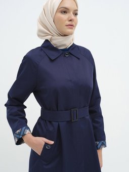 Reglan Duble Kollu Kemerli Trençkot İndigo