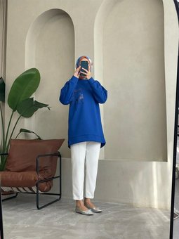 Saks Mavisi Arkası Desenli Tunik