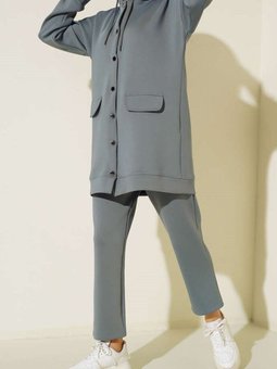 Gri Çıt Düğmeli Scuba Kumaş İkili Takım