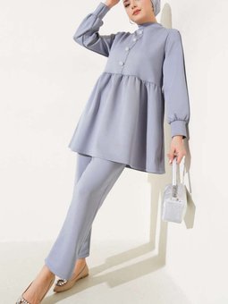 Gri Taş Düğmeli Scuba İkili Takım