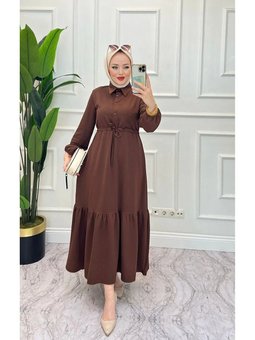 Kahverengi Bel Tünel Detaylı Elbise
