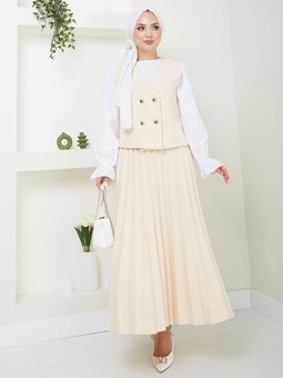 Krem Piliseli Etekli Yelekli Parça Takım