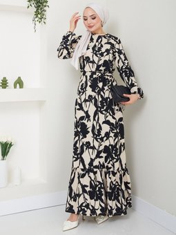 Siyah Çiçek Desenli Kuşaklı Elbise