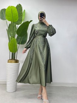 Büyün İşleme Detalı Kolları Lastıklı Tesettür Abiye Elbise