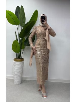 İnci Ve Payet İşlemeli Kolları Fiyonk Detaylı Yenı Sezon Abiye Elbise