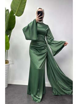 Kolları Volanlı Kuyruk Detaylı Kalem Kesim Şık Saten Abiye Elbise