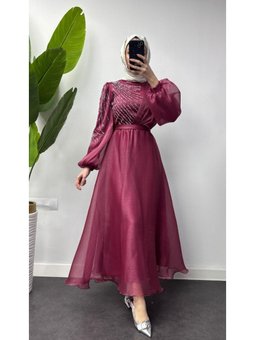Yakası İşlemeli Balon Kol Detalı Janjan Abiye Elbise