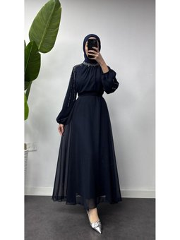 Yakası Ve Kolları Taş İşlemeli Şifon Detaylı Yenı Sezon Abiye Elbise