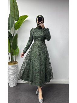 Yaprak Desen İşlemeli Yenı Sezon Tesettur Abiye Elbise