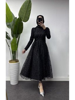 Yaprak Desen İşlemeli Yenı Sezon Tesettur Abiye Elbise