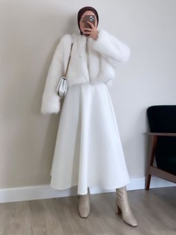 Puf Beyaz Tesettür Beli Lastikli Kloş Etek
