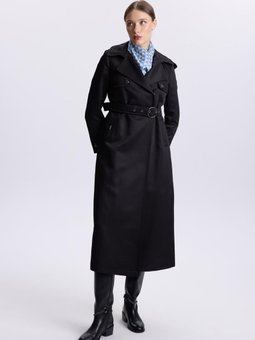 Kapüşonlu Düğme Detaylı Siyah Trençkot 13533