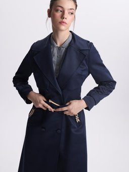 Kruvaze Yaka Aksesuar Detaylı Lacivert Trençkot 13530