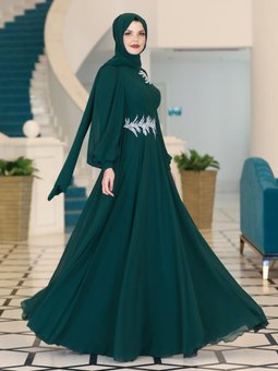 Sarmaşık Zümrüt Yeşili Abiye Elbise