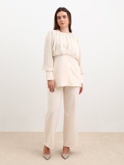 Büyük Beden Şifon Detaylı Bej Abiye Takım