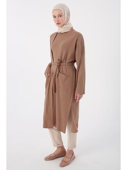 Cepli Rahat Kalıp Yırtmaçlı Triko Hırka Bisküvi