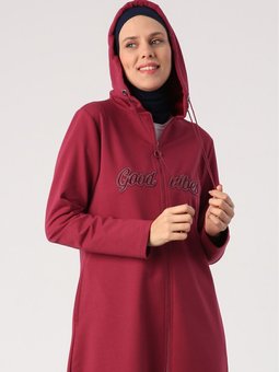 Koyu Bordo Aplike Nakışlı Çift Kordonlu Kapüşonlu Hırka