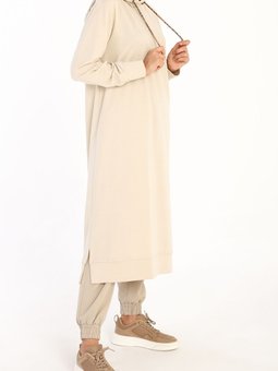 Taş Leopar Bağcıklı Kapüşonlu Rahat Örme Tunik