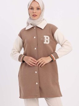 Vizon İki Renkli Nakışlı Düğmeli Rahat Hırka