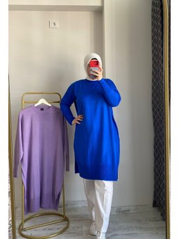 Saks Mavisi Bisiklet Yaka Salaş Triko Tunik