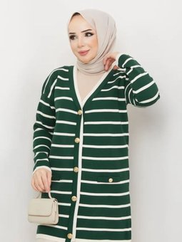 Düğmeli Çizgi Desenli Triko Hırka 1201