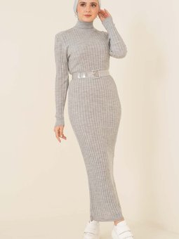 1056 Yarım Boğazlı Triko Elbise Gri